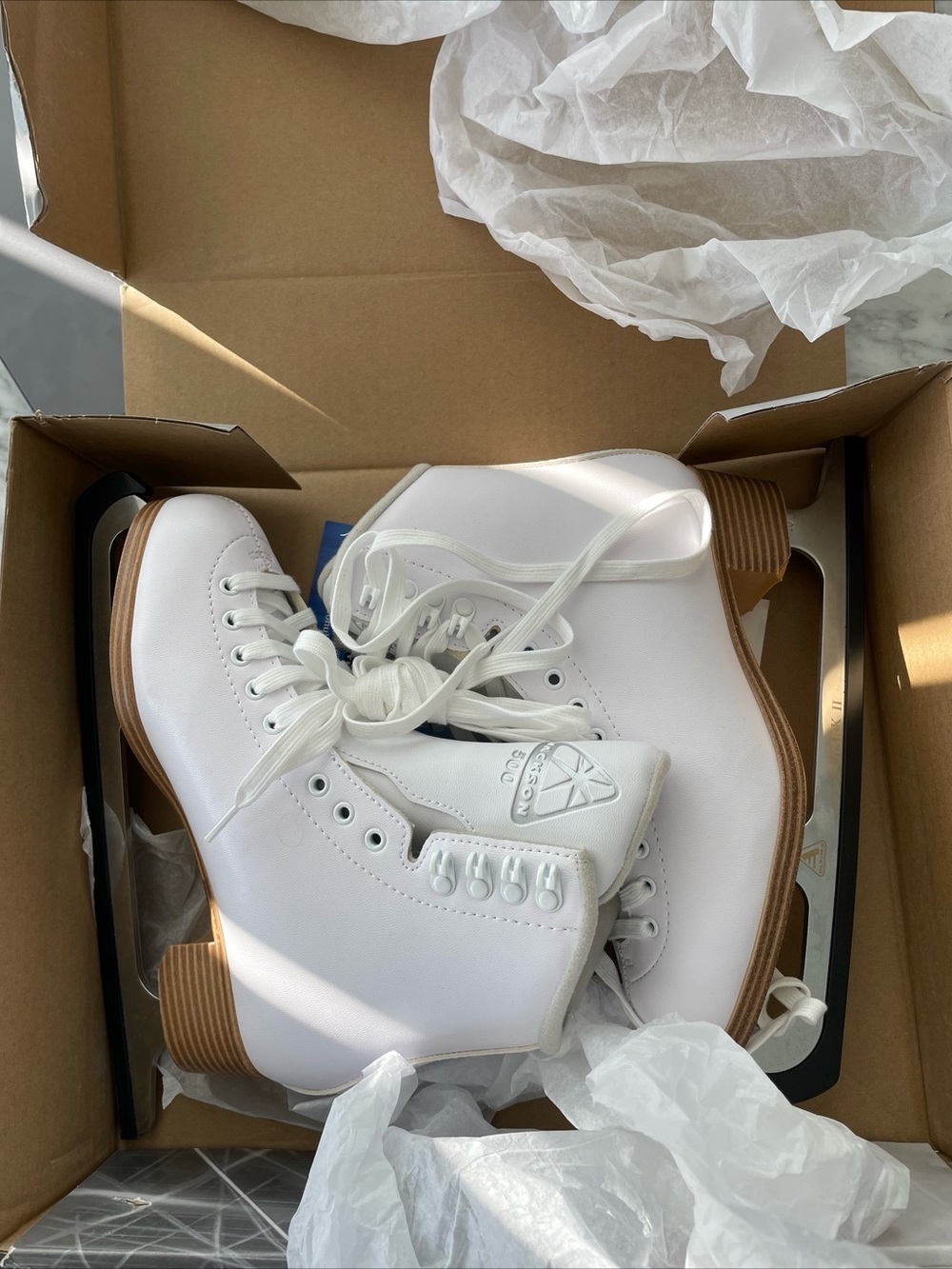 Jackson 500 Brand New White Figure Ice Skates with Brown Heel